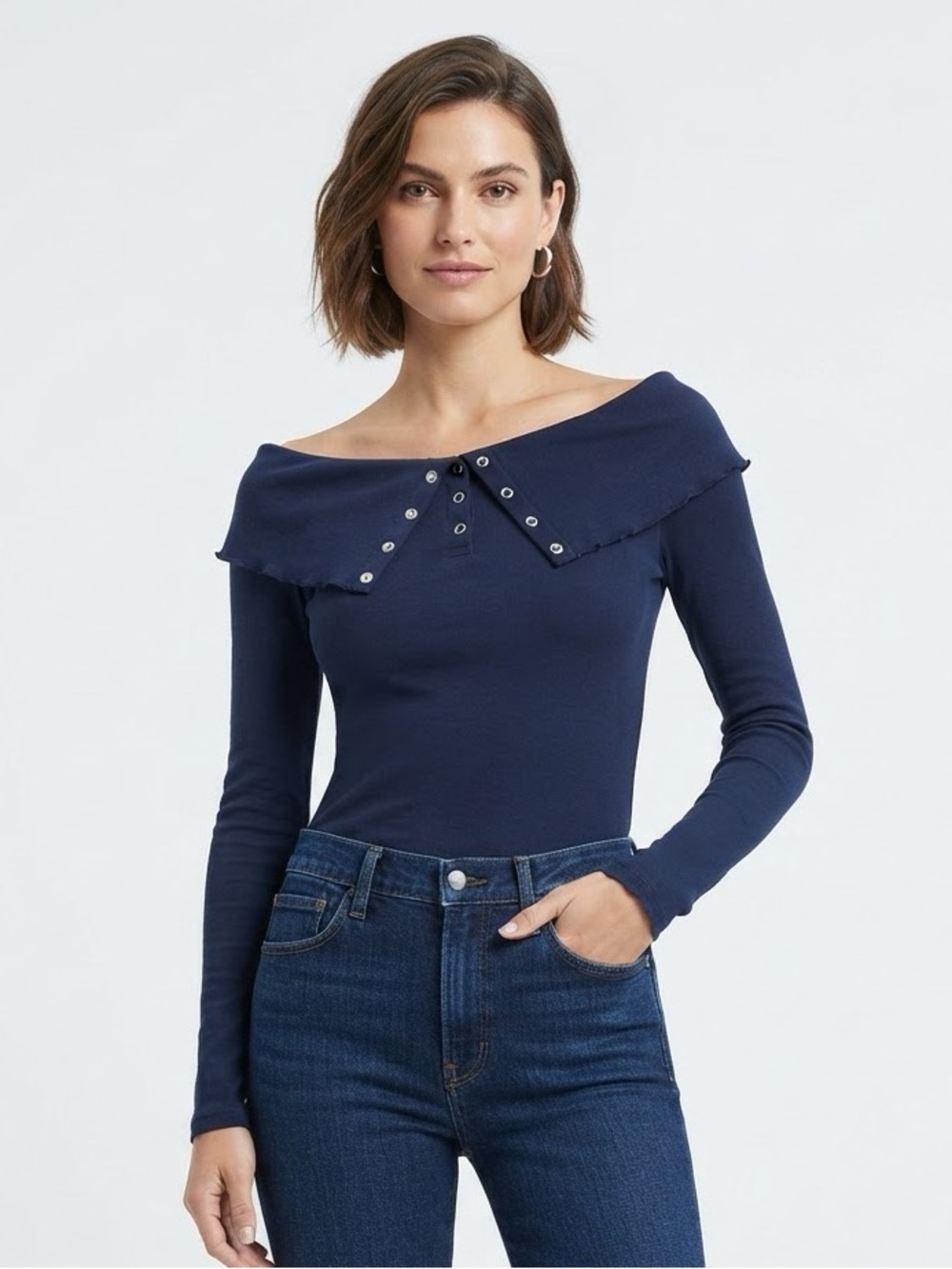 Riley & James Navy Long Sleeve Off-Shoulder Top